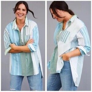 Maeve Anthropologie Alix Henley Blouse Striped Button Up Tunic Women Small